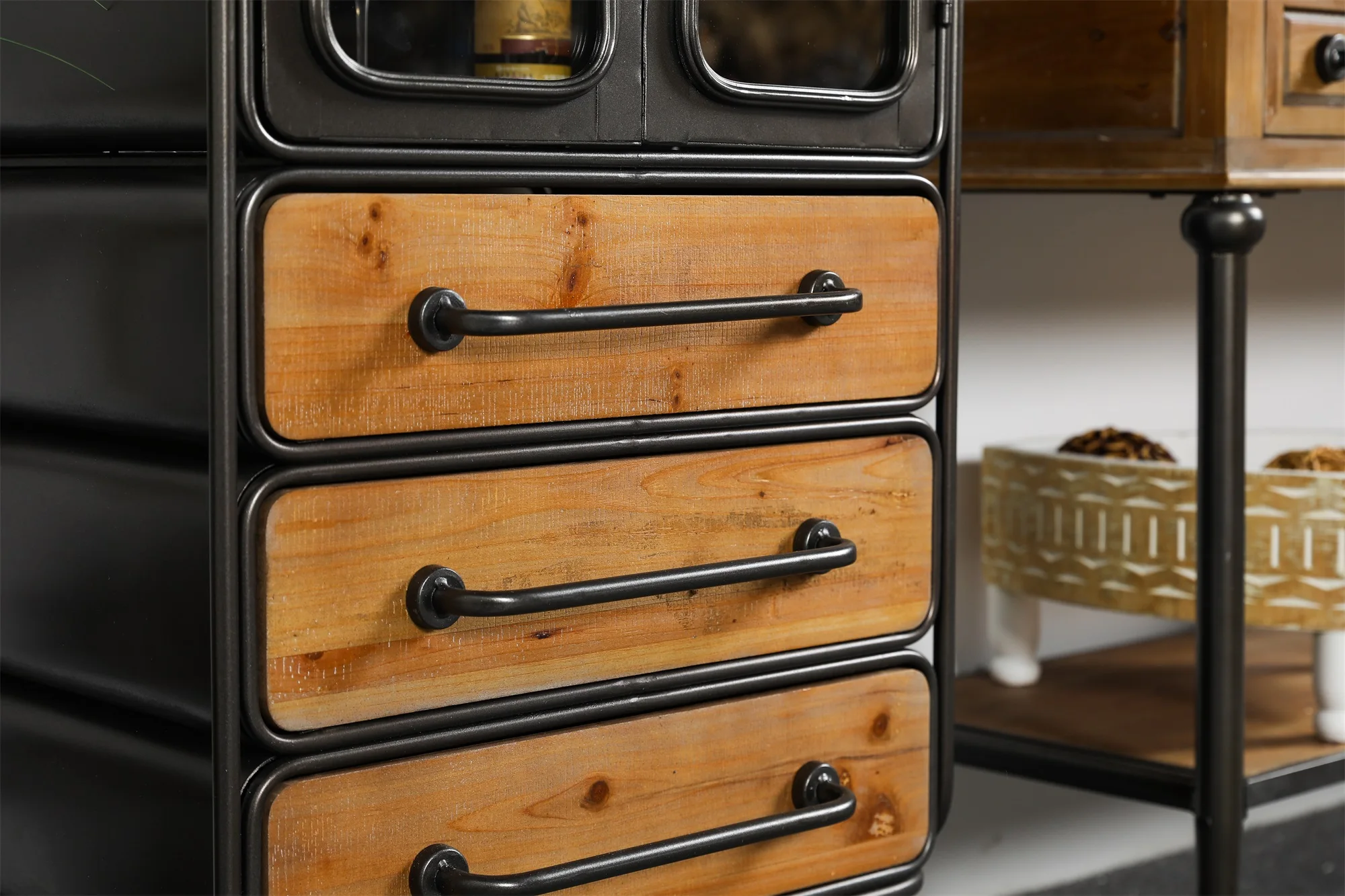 INNOVA Home Vintage Kitchen Wood Metal Storage Drawers Sideboard Accents Industrial Furniture Display Glass Door Cabinets