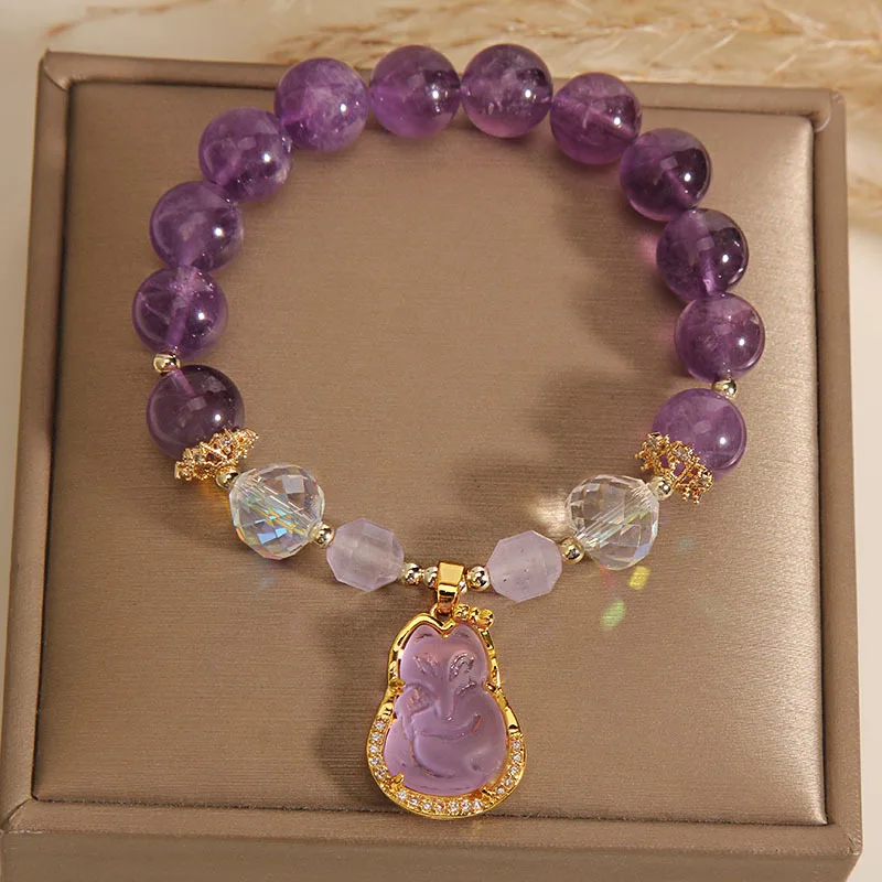 Vintage Fox Charm Bracelet Rhinestone Gemstone Crystal Bracelet 10mm Amethyst Beads Bracelet For Women