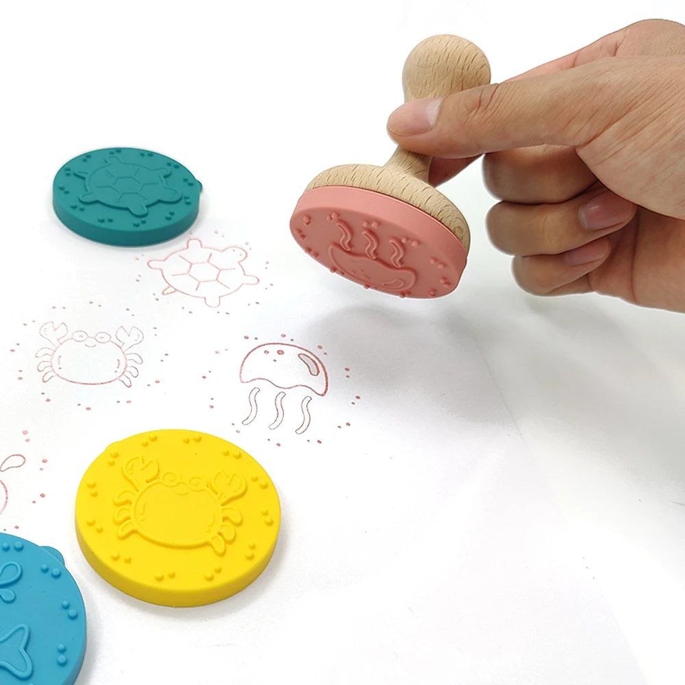 Hot Selling Silicone Custom Set Toy Wooden handle Stamp For Gifts And Kids