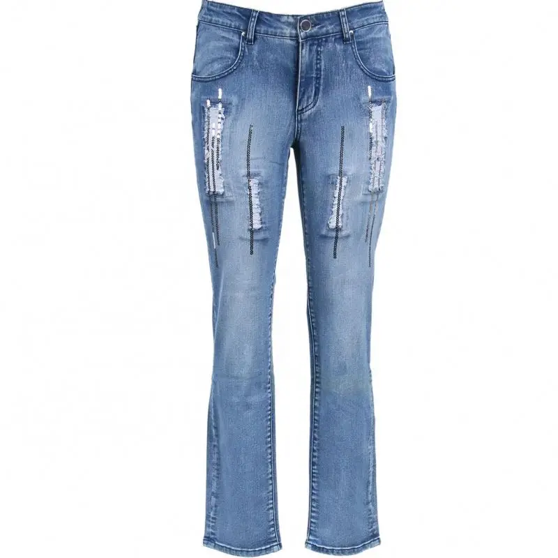 Новые Модные полусапоги до середины талии рваные джинсы для женщин с блестками и синие стретчевые джинсы для женщин