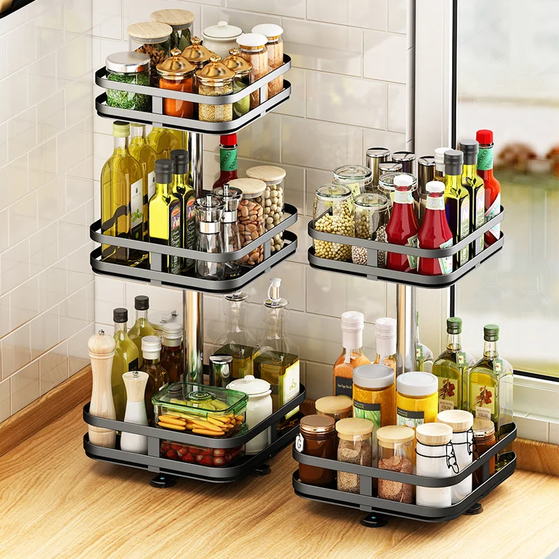 1/2/3 Tier Black Metal Lazy Susan Kitchen Spice Rack Makeup Storage 360 degree Turntable Rotating Seasoning Organizer