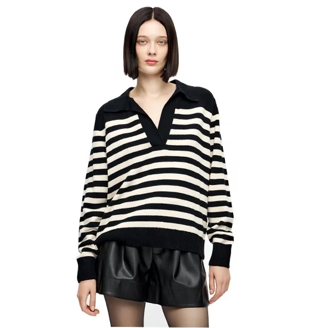 Good Quality Black and white striped patchwork knitwear women Wholesale Wool blend Thick knit Lapel collar pullover sweater