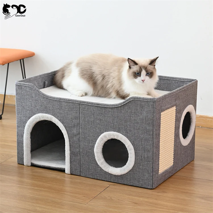 GeerDuo Pet Winter Luxury Large Stable Foldable Comfortable Double Floor Cat House Cave Nest