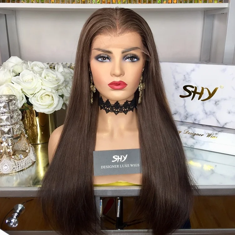 
New Single Knots Bleached Knots 150%Density Brown Color Silky Straight 22inch Brazilian Hair 13*6 Lace Front Wig With Fake Scalp 