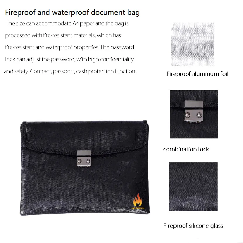 A4 fireproof bag with password lock, flame retardant bag for protection, passport cash safety bag