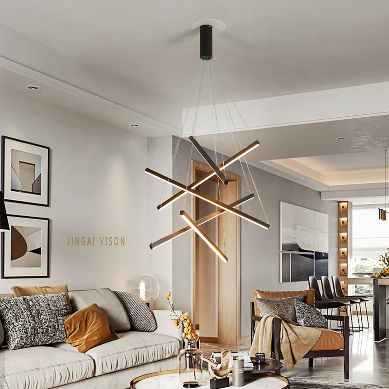Strip Shape Simple Hanging Decorative Ceiling Pendant Lights Circle Rings Acrylic Black Luxury Modern LED Chandelier Lamp