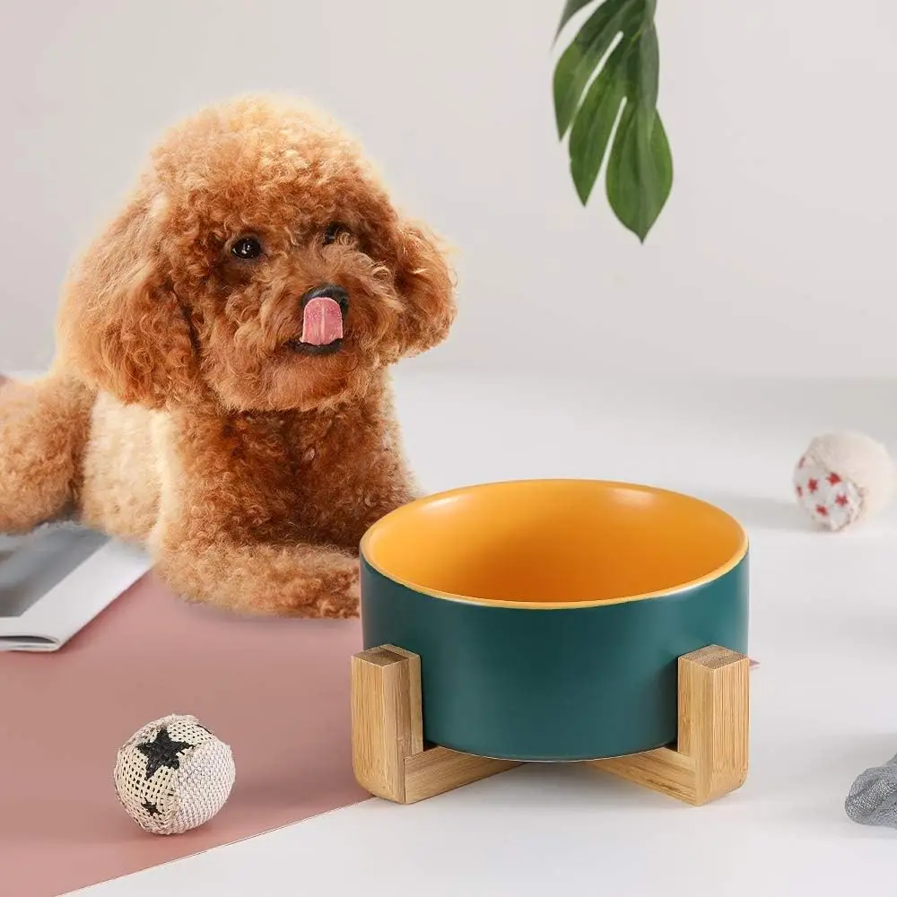 Bright Colored Ceramic Cat Dog Feeding Bowl Wooden Bowl Holder Handmade Fashion Bamboo Wooden Pet Feeder