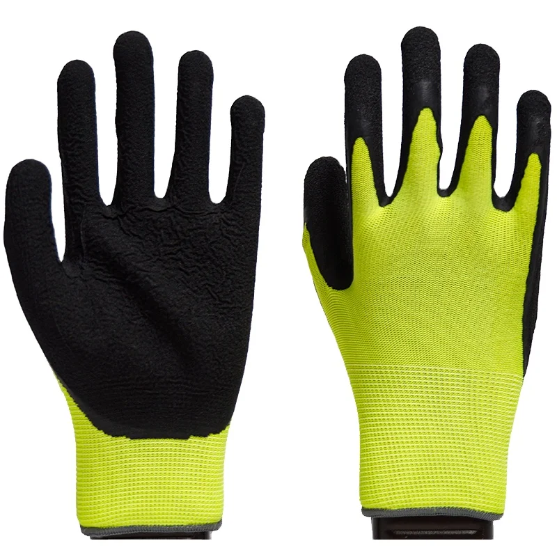 13 G Polyester Lined Crinkle Latex Palm Coated Rubber Dipped Work Safety Glove Cotton Knitted Strong Grip Wrinkle Hand Gloves