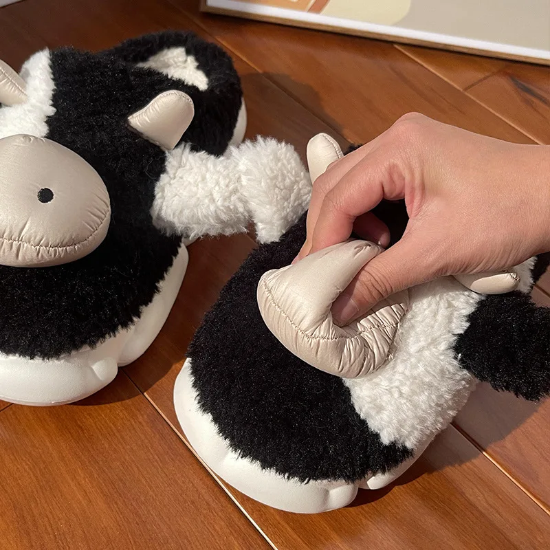 Korean Version Casual Cute Cartoon Milk Cow Cotton Female Winter Students Home Non-Slip Warm Wool Plush Slippers Shoes