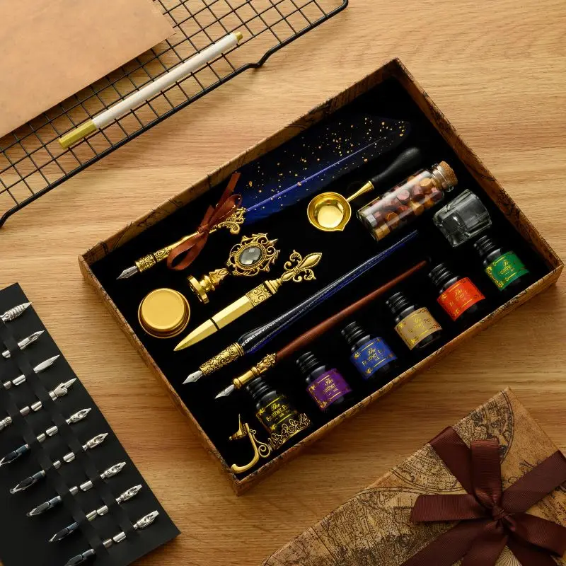 Wooden Calligraphy Dip Pen Glass Pen With Ink Sealing Wax Stamp Gift Set Vintage Quill Fountain Pen