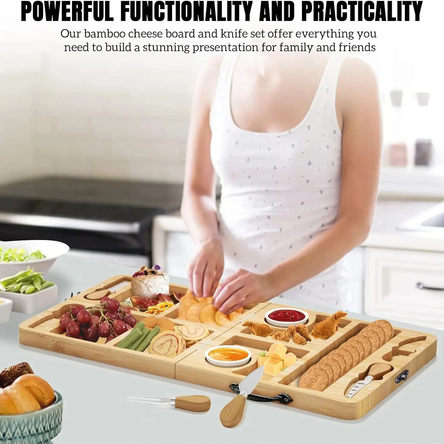 Hot Selling Wooden Foldable Chacuterie Chopping Board Portable Magnetic Design Bamboo Cheese Board Knife Set