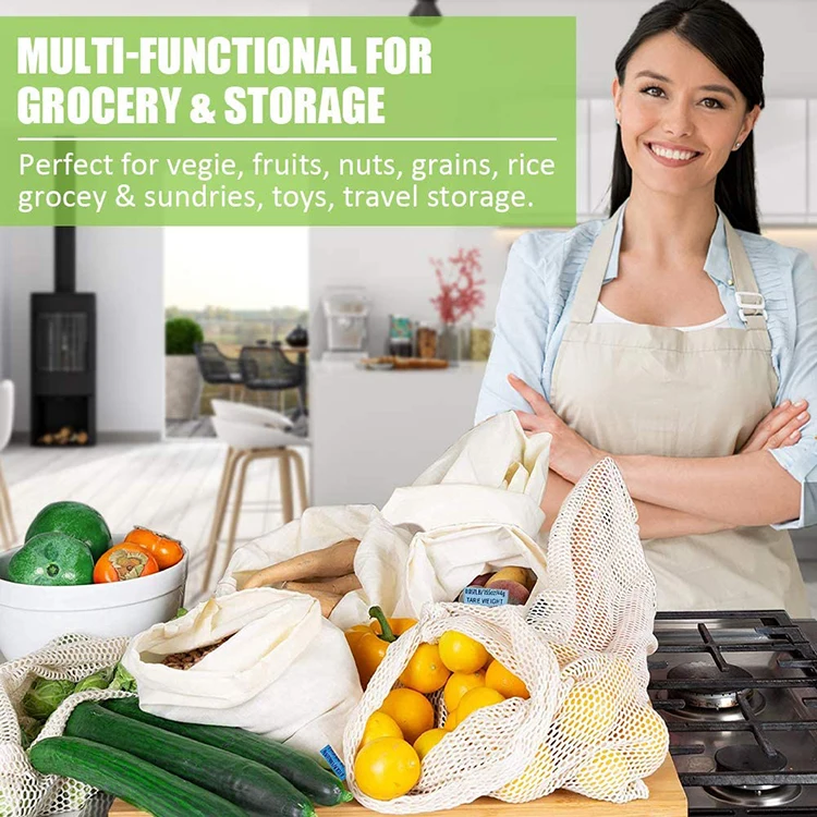 Promotional Custom Logo Eco Organic Cotton Mesh Net shopping Bag Reusable Food Produce Bags For Vegetable Fruit Packing