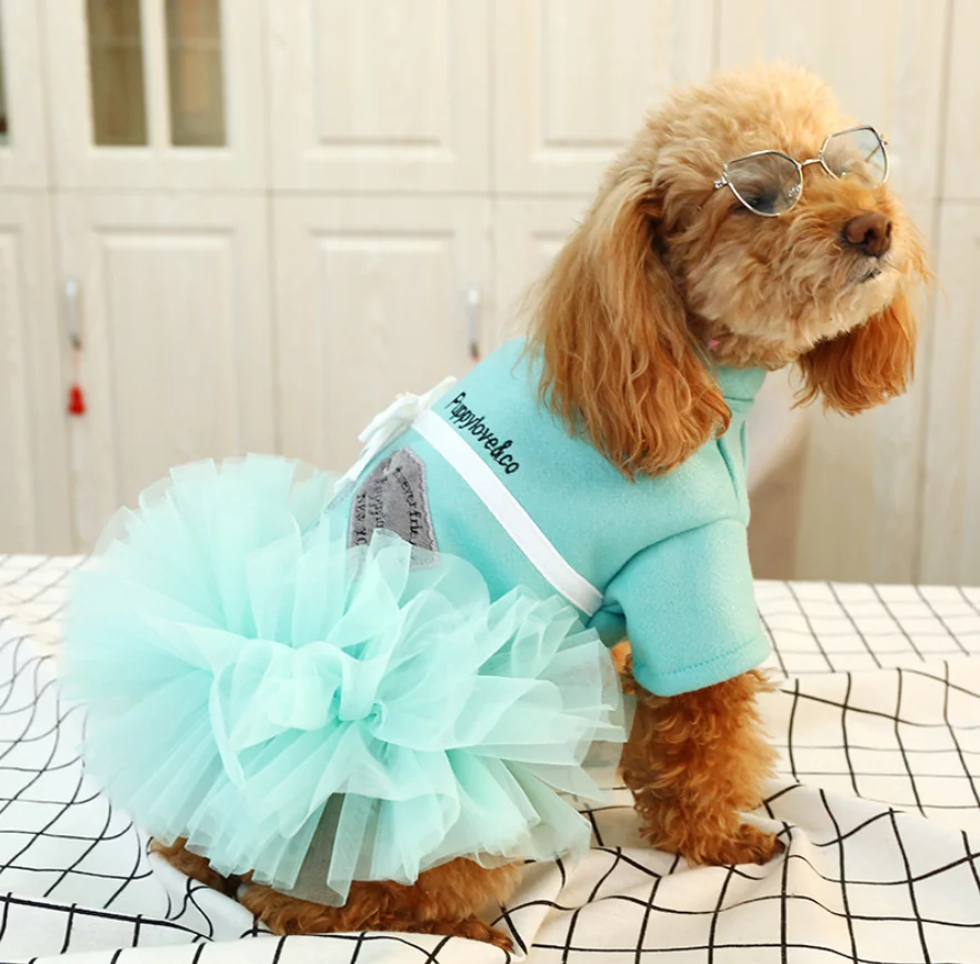 Warm Pet Clothes Wholesale Blue Cute Net Yarn Princess Dog Dress Brand Designer