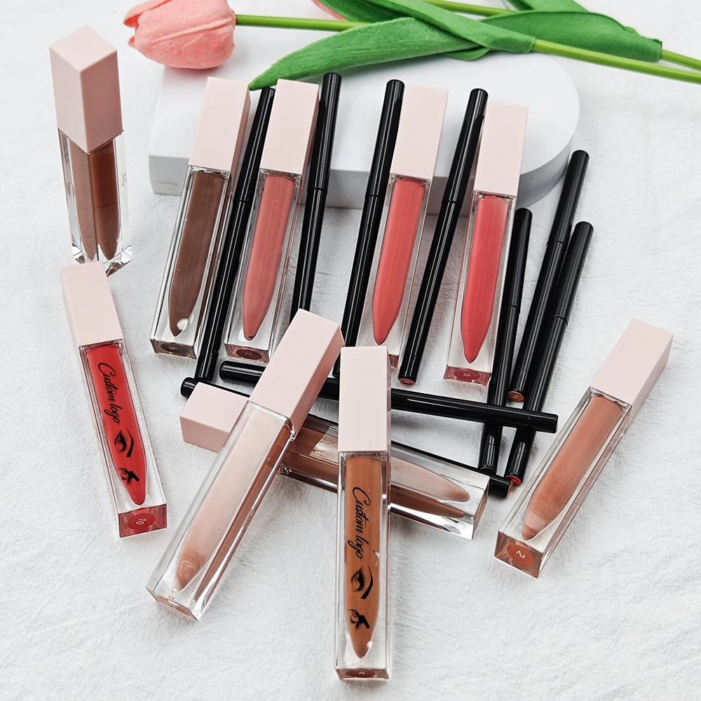 2 in1 liquid lipstick and lipliner set longlasting matte lip gloss and lip liner pencil sets box private logo vegan cosmetic kit