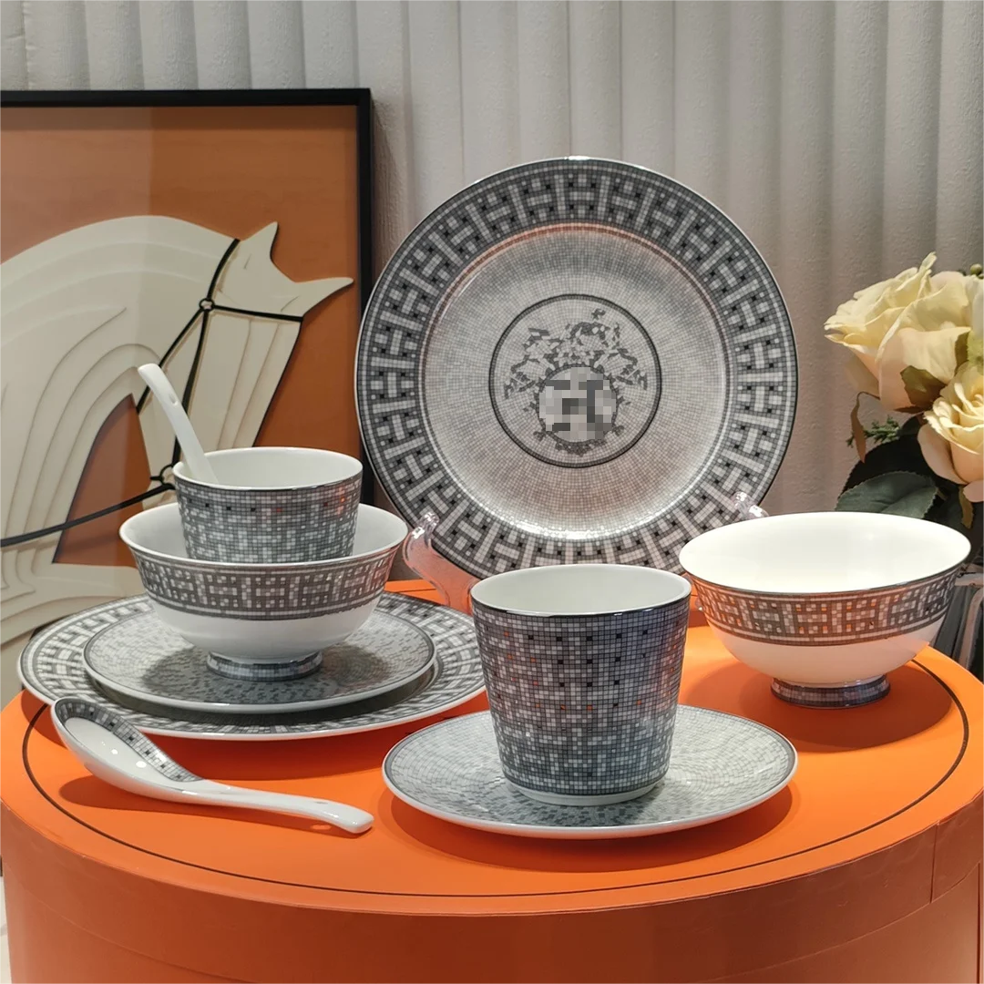 10 Piece Kitchenware Dinnerware Bone Bowl and Plate Dinner Set Kitchen Accessories Gray Dinner Set Western Ceramics China 72 Pcs