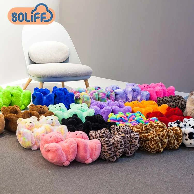 
Women Sandals Fashion Fur Large Teddy Bear with Solid Color Allinclusive Edges Womens Bear Slippers Animal Shaped Plush 