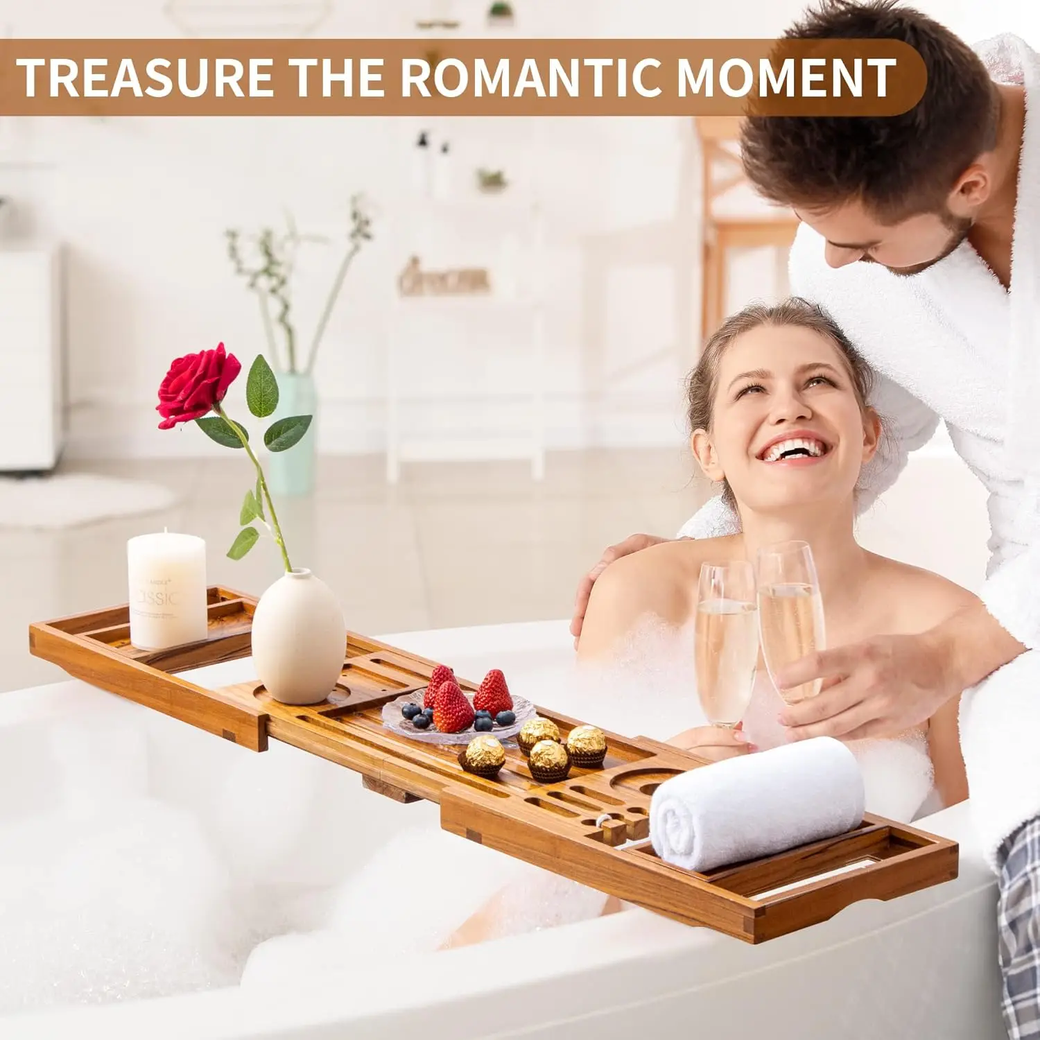 Teak Bathtub Tray Bathtub Caddy for Luxury Bath Foldable Bath Tray Bath Tub Accessories with Extendable Handles Wine Glass