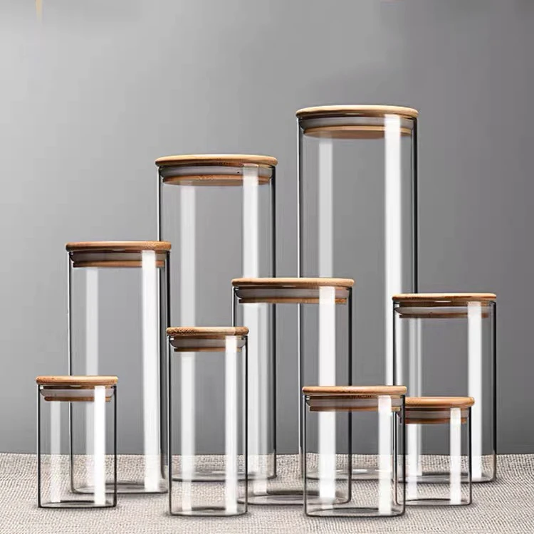 Borosilicate Glass Storage Jar With Bamboo Lid For Tube Shaped Glass Storage Jar For Glass Spice Jar With Wooden Lid