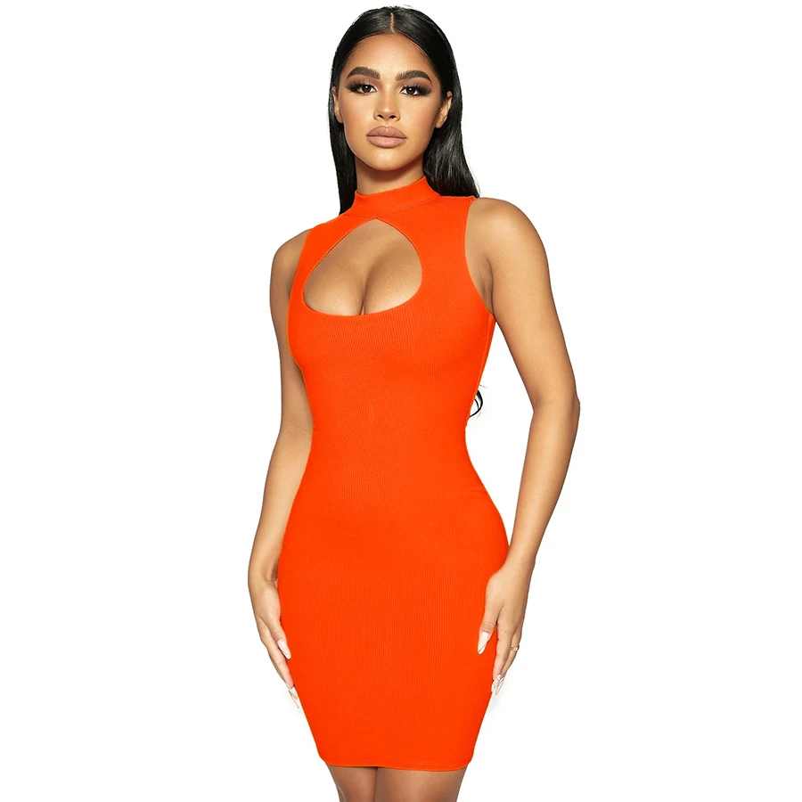 K21D03845 Custom Logo Wholesale Sleeveless Ribbed Knitted 2021 summer solid round neck sleeveless cut out Mini tight dress