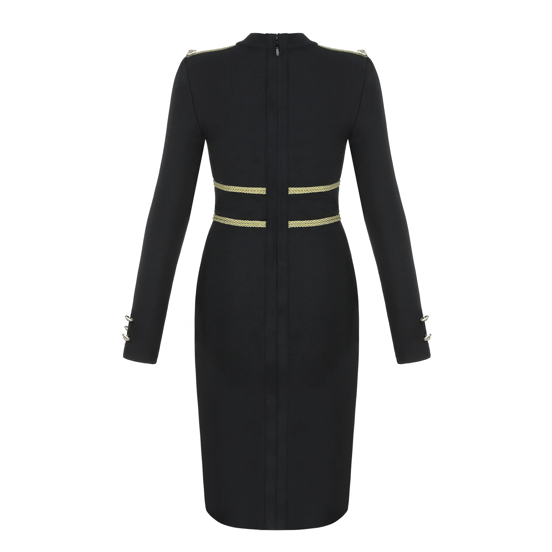 Long Sleeve Graceful Black Autumn Causal Bodycon Women Dress Simple V-neck Split Button Bandage Dress