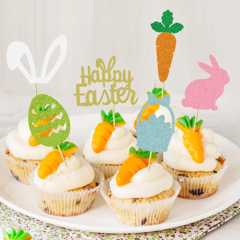 Ychon Happy Easter Party cake decorations cake Toppers Glitter Bunny Egg  Cupcake Toppers Picks Cute Pattertn Cupcake toppers