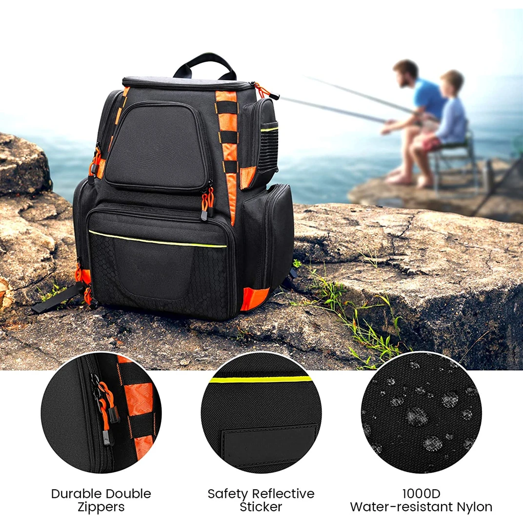 Fishing Tackle Backpack with 4 Trays Tackle Boxes Storage Bag 25L Water Resistant with 2 Rod Holders and Protective Rain Cover