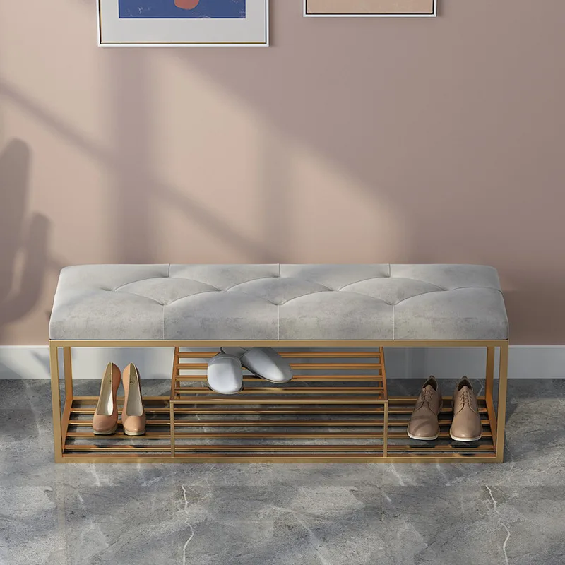 Luxury Home Furniture Metal Rectangle Stool Velvet Bench Shoe Storage Sofa Fabric Pouf Soft Footstool