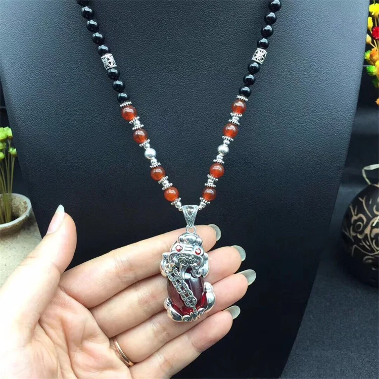 Wholesale Men Women Garnet Pendants S925 Silver Plated Pixiu Pendant Necklace
