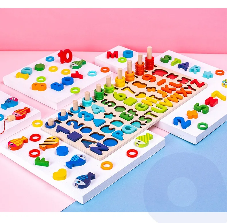 Wholesale Montessori Educational Mathematics Smart Games Fishing Sensory Toys Geometric Shapes Wooden Baby Toy