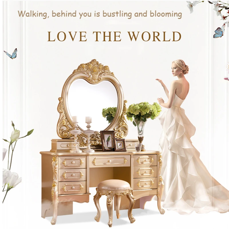 Champagne European dressing table bedroom Princess dresser table combination French luxury dressing cabinet large family