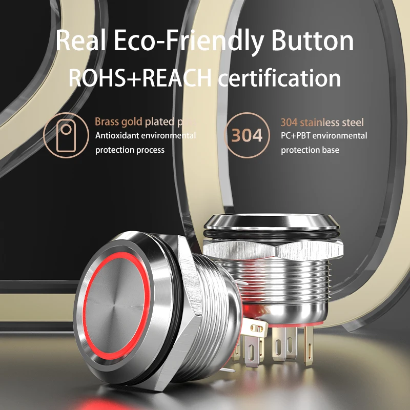 30mm push button rgb metal industrial 12vdc ip67 ring led green illuminated switch