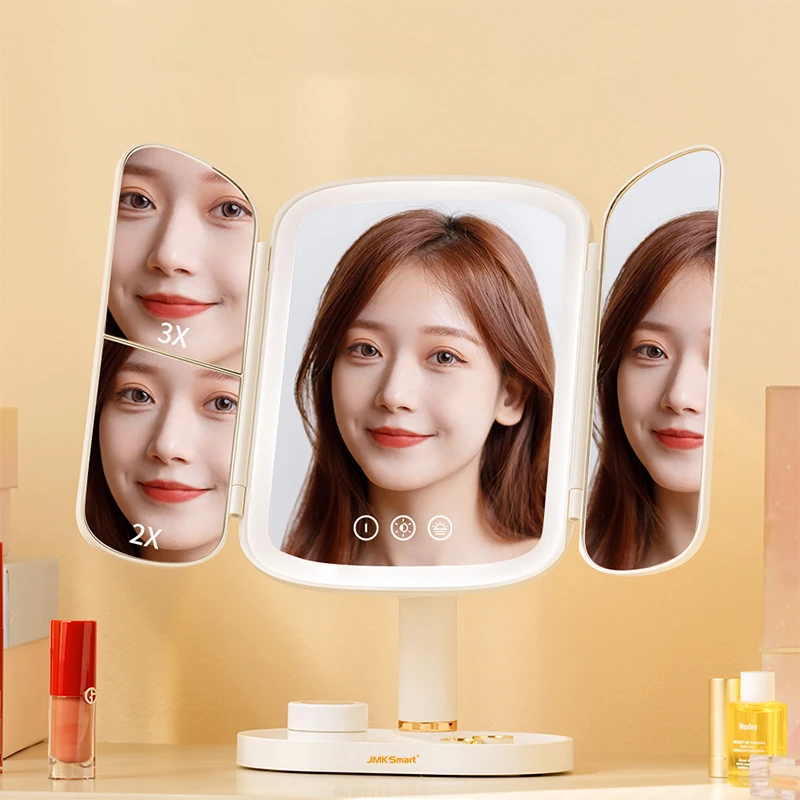 Trifold Makeup Mirror Rechargeable 5000mAh Battery Led Touch Switch Smart Cosmetic Mirrors With Led Lights Miroir De Maquillage