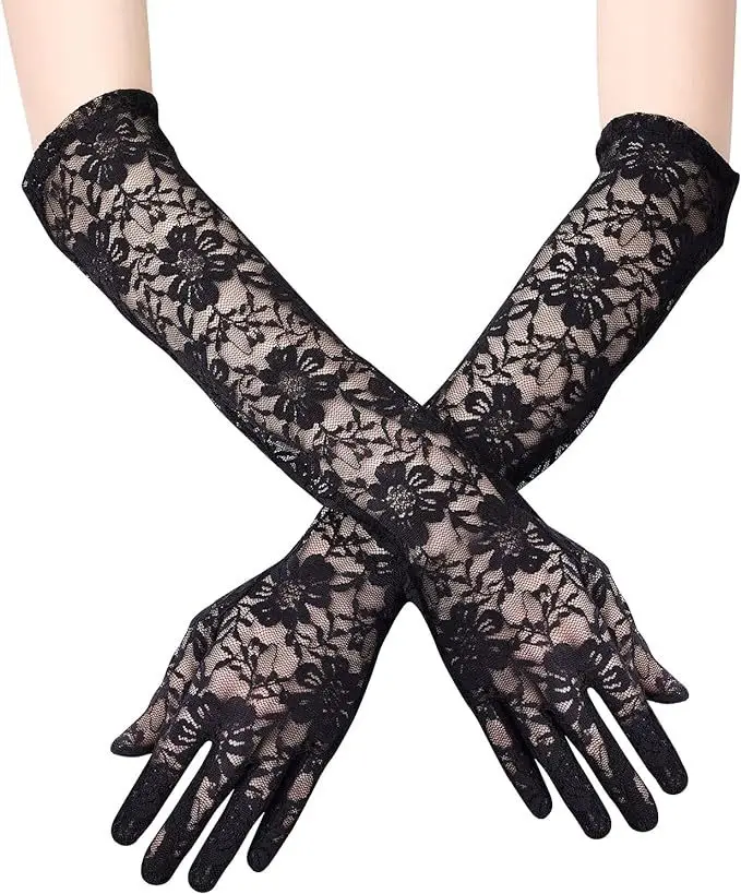 Fashion Lace Long Gloves Female Elegant Stretch Tulle Mesh Semi Sheer Women Full Finger Mittens Bride Wedding Black Gloves