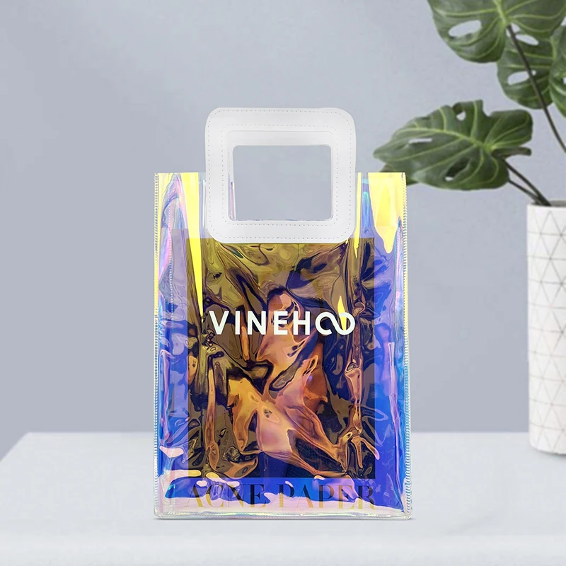 Custom Iridescent Gift Bags with Handles Clear Transparent Holographic PVC Tote Bag Shopping Bag