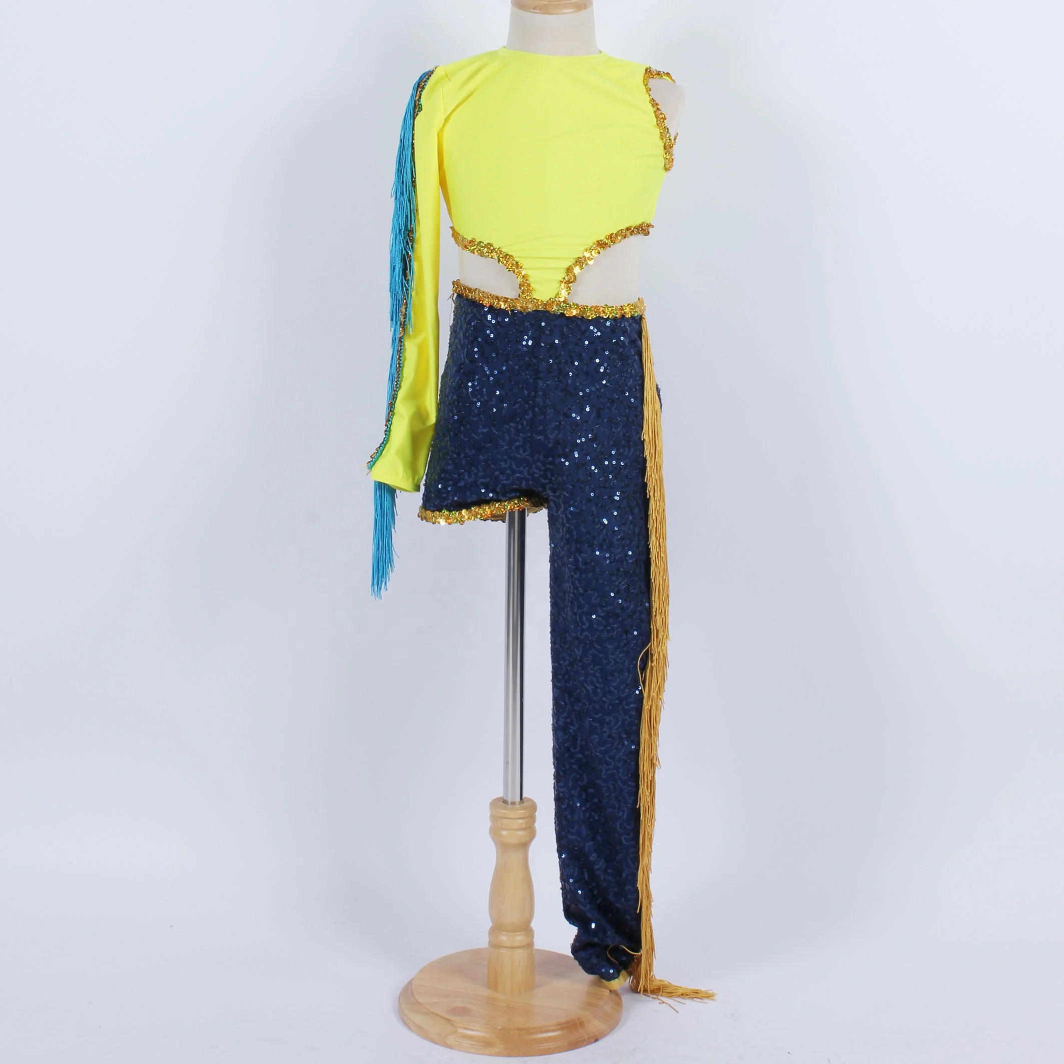 yellow and navy sequin unique style leotard unitard  tassel performance costumes shiny gold sequin dance wear