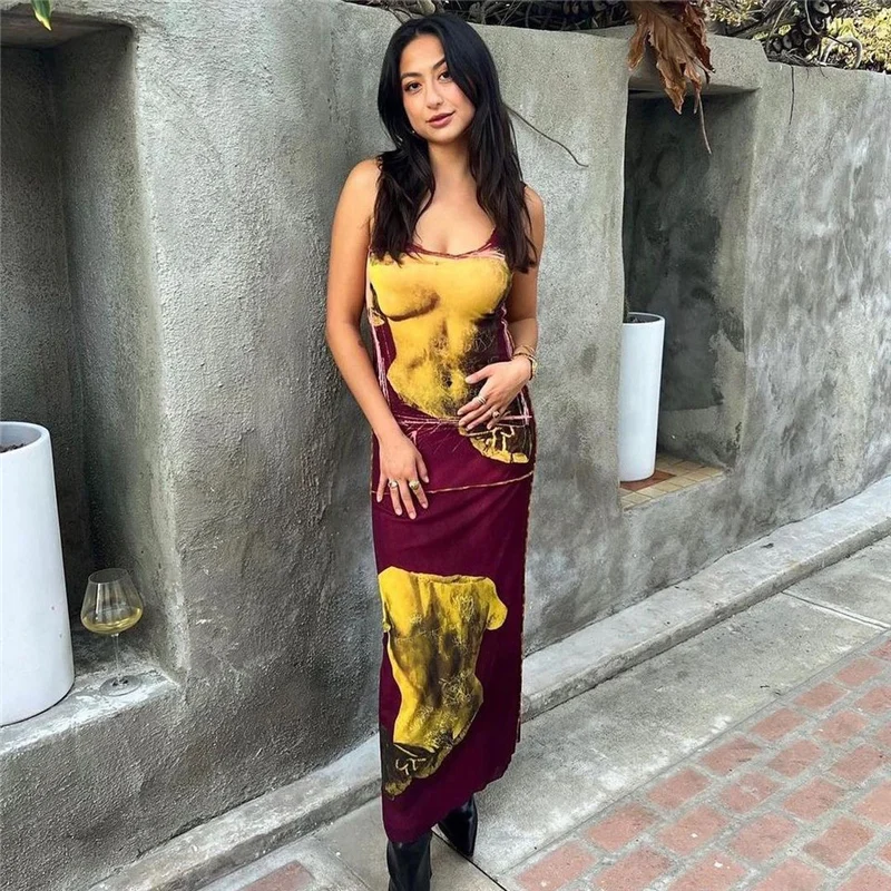 2023 Summer New Womens Sleeveless Printed Dress High Waist Slim Long Dress To Show Thin A Line Dress