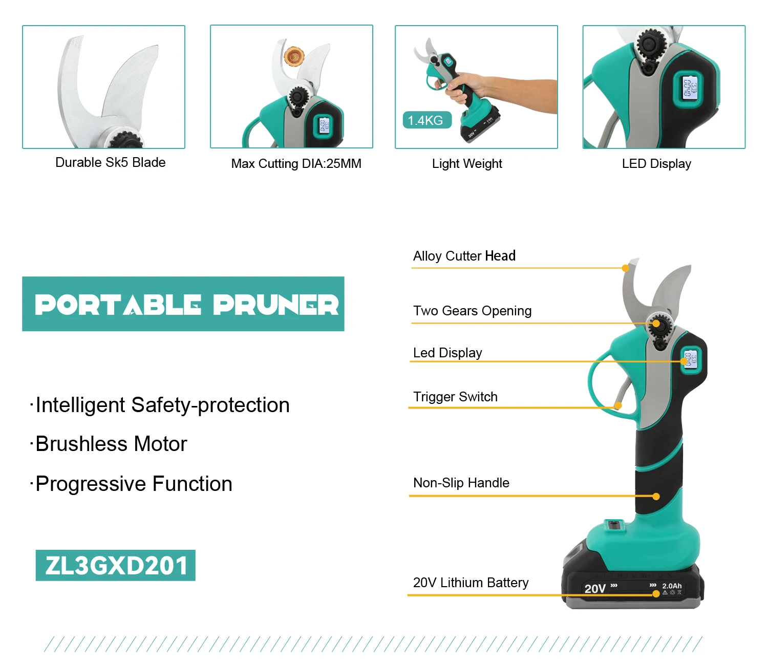 Portable 20V Lithium Battery Powered Cordless tree hand pruner Professional electric pruning shears