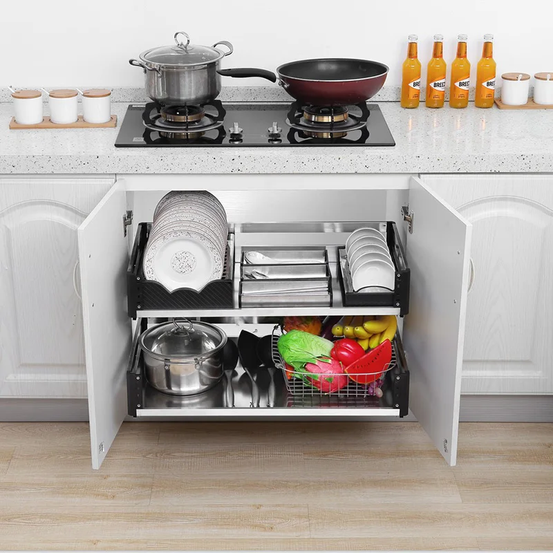 Plate Storage Basket Rack Drawer Kitchen Cabinets Dish Drainer WTB-014 Kitchen Pulling Out Stainless Steel Modern in Cabinets