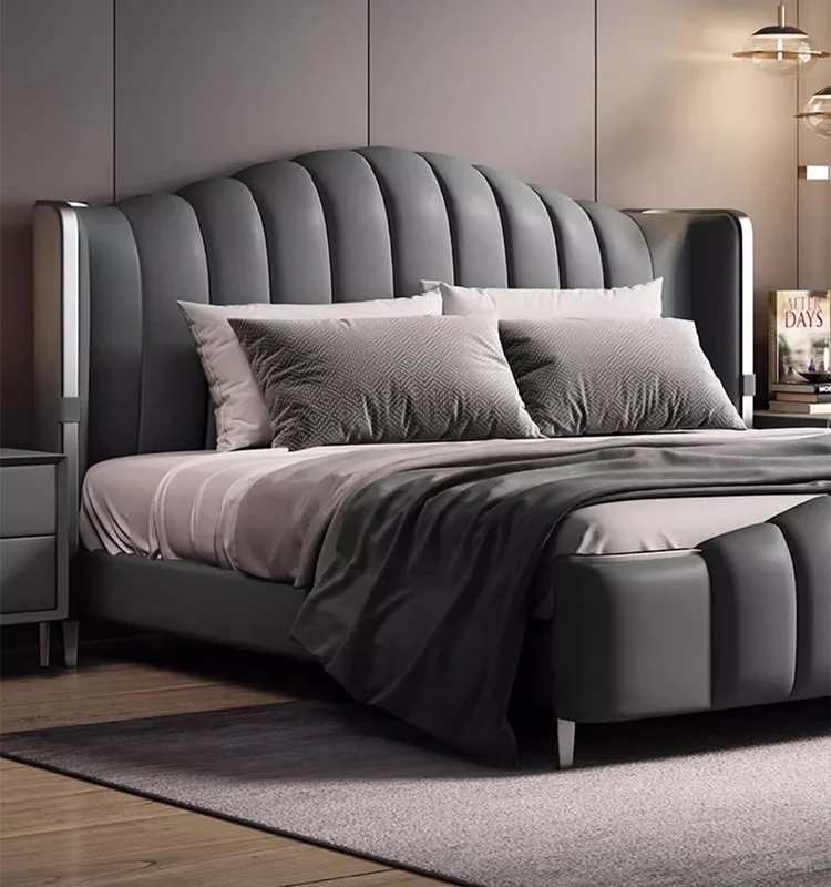 Home bedroom leather king size bed, master bedroom cushioned bed, double king size metal bed