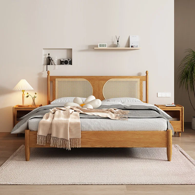 Nordic All Solid Wood Tatami Low Bed Homestay Home Bedroom 150/180 Double Retro Japanese Rattan Bed