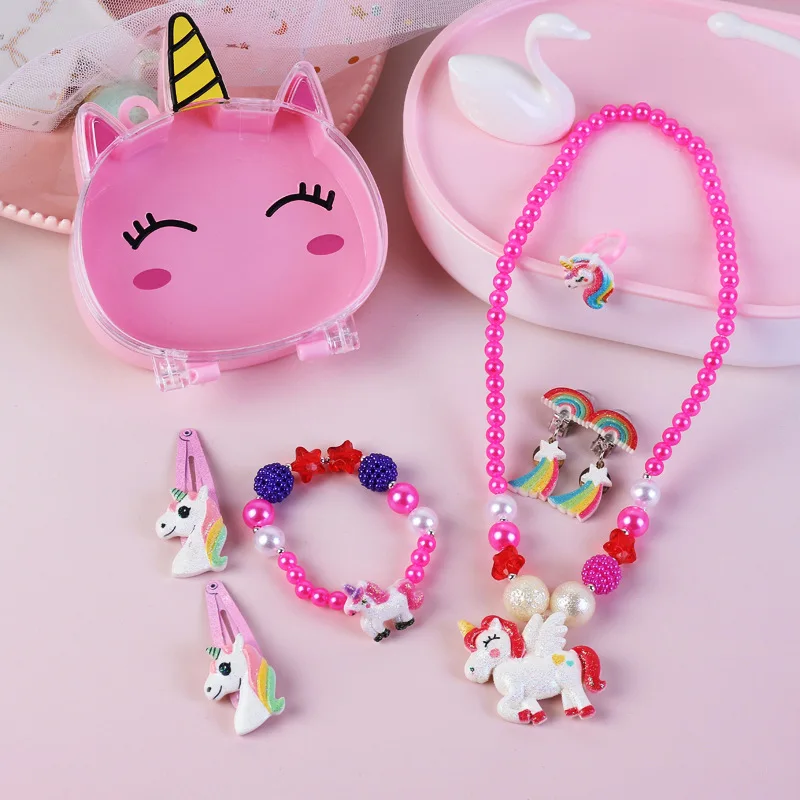 Cute Cartoon Girls Pearl Necklace Jewelry Unicorn Ring Kids Jewelry Box Set Wholesale