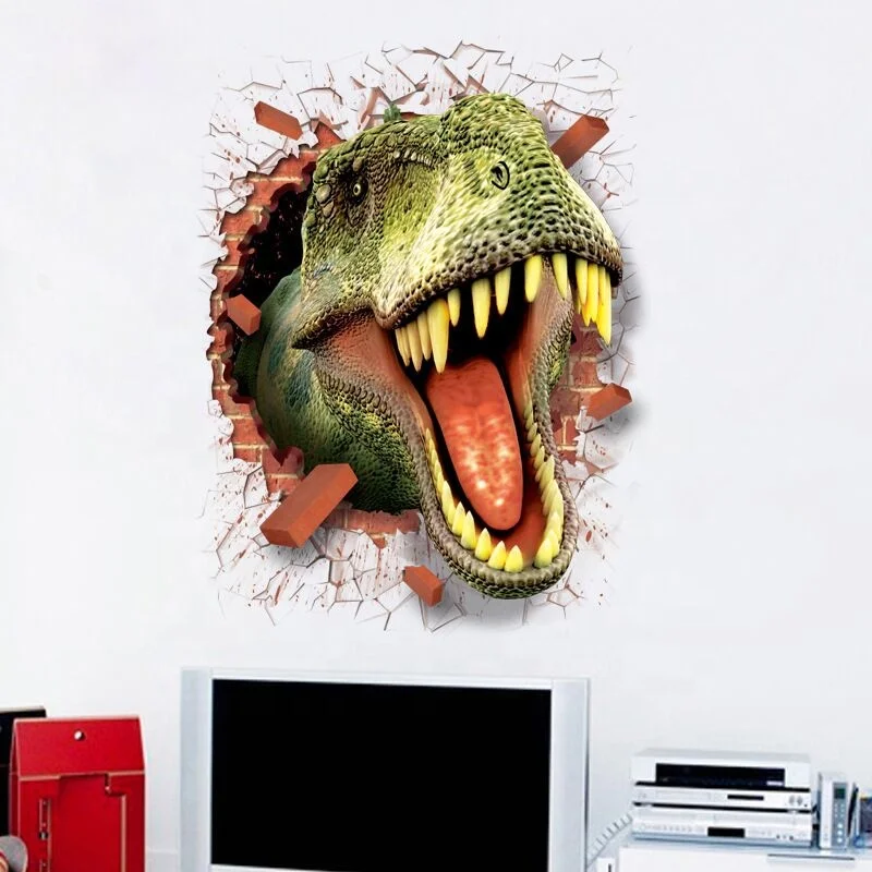 3D Effect of Broken Wall Dinosaur Wall Stickers Creative Children Room Boys Bedroom Decorative Wall Stickers Home Decoration