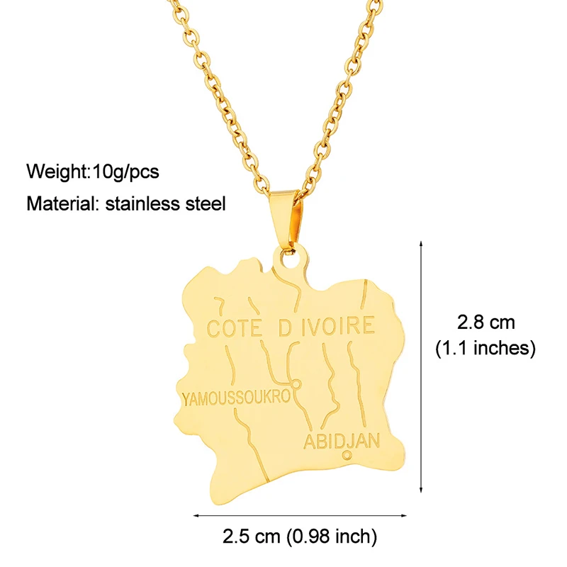 New Ivory Coast Map Necklace Fashion Jewelry Men Geometric Stainless Steel Pendant Necklace Gold Plated Statement Necklace