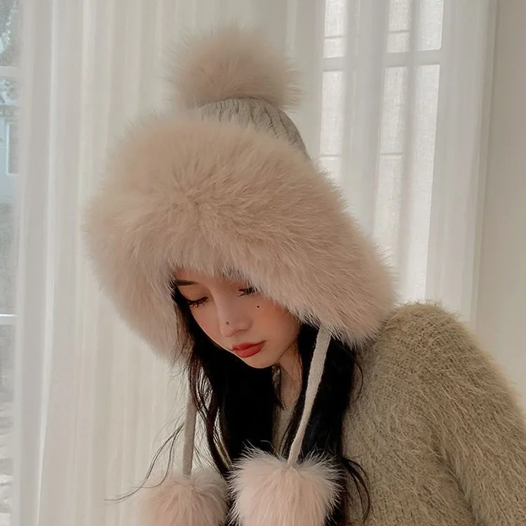 Korea Cute Plush Cap Popular Warm Winter Thickened Ear Protection Wool Knitted Hat Kawaii Cap For Girls women