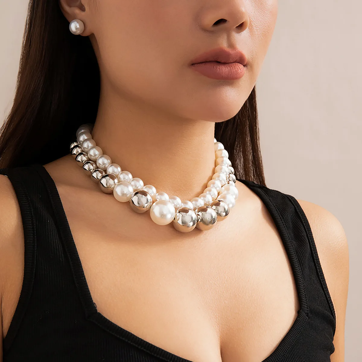Europe and America exaggerated big beads mixed choker necklace punk imitation pearl collar women accessories