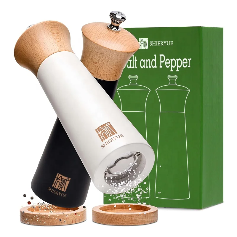 Fine pepper mill acacia wood salt mill set with base, metal lid grinder wood salt