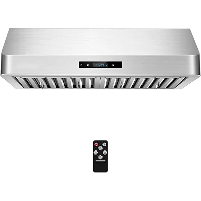 Cabinet Range Hood Wall Mount 3 Speed Fan Touch/Remote Control Time Setting Dishwasher Safe Baffle Filters Stainless Steel