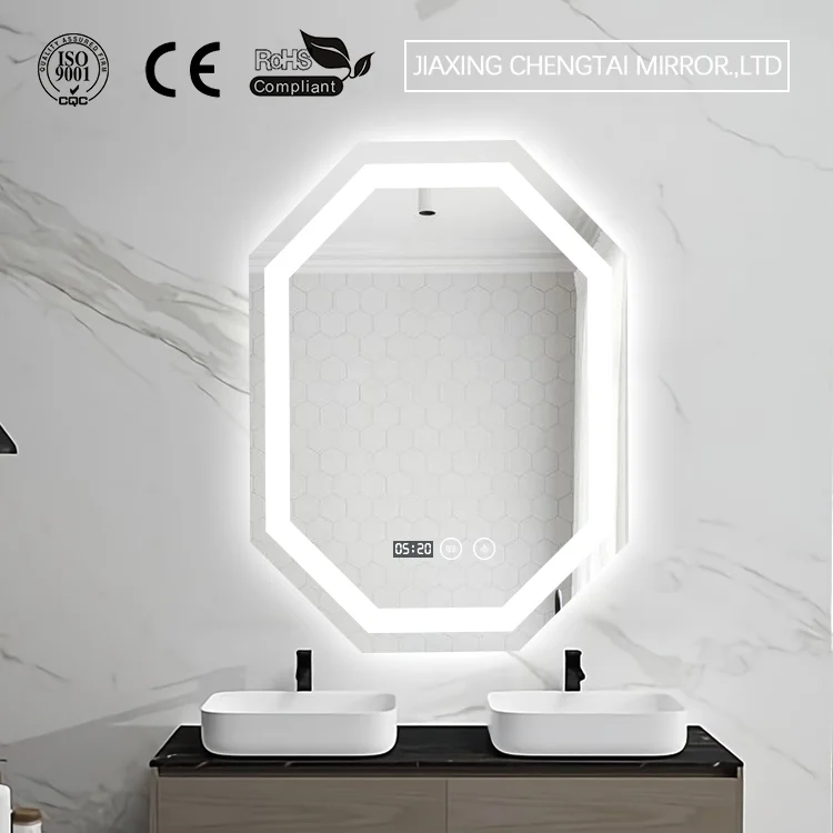 Hair Salon Irregular Glass Wall Mounted Defogger Silver French Luxury LED Bathroom Mirror
