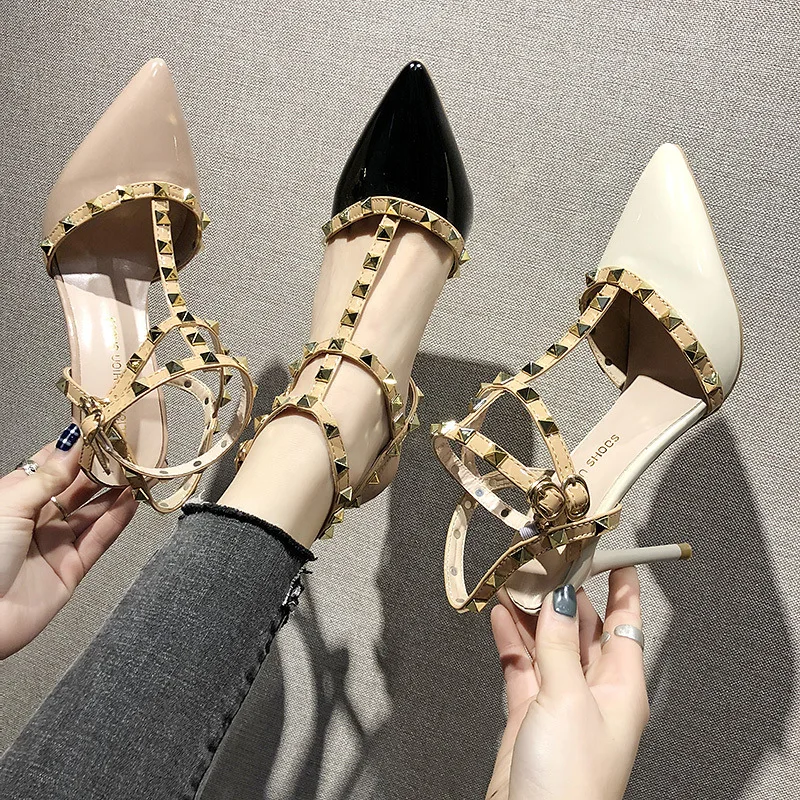 Summer New Style Spike Toe Kitten Heels Pumps For Women Sexy Hollow Out Rivets Studded High Heels Pumps