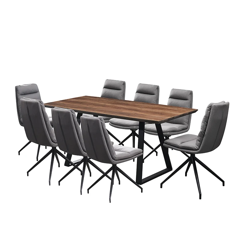 Hot Sale Popular Good Quality Modern Home Furniture Mdf Top Metal Frame Wooden Dining Table Set With 6 Swivel Chairs